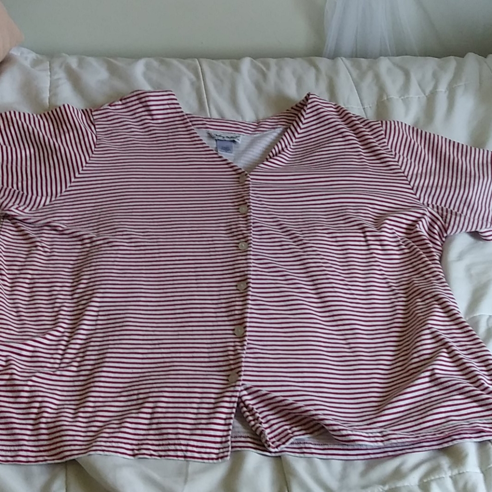 Red and white striped v-neck